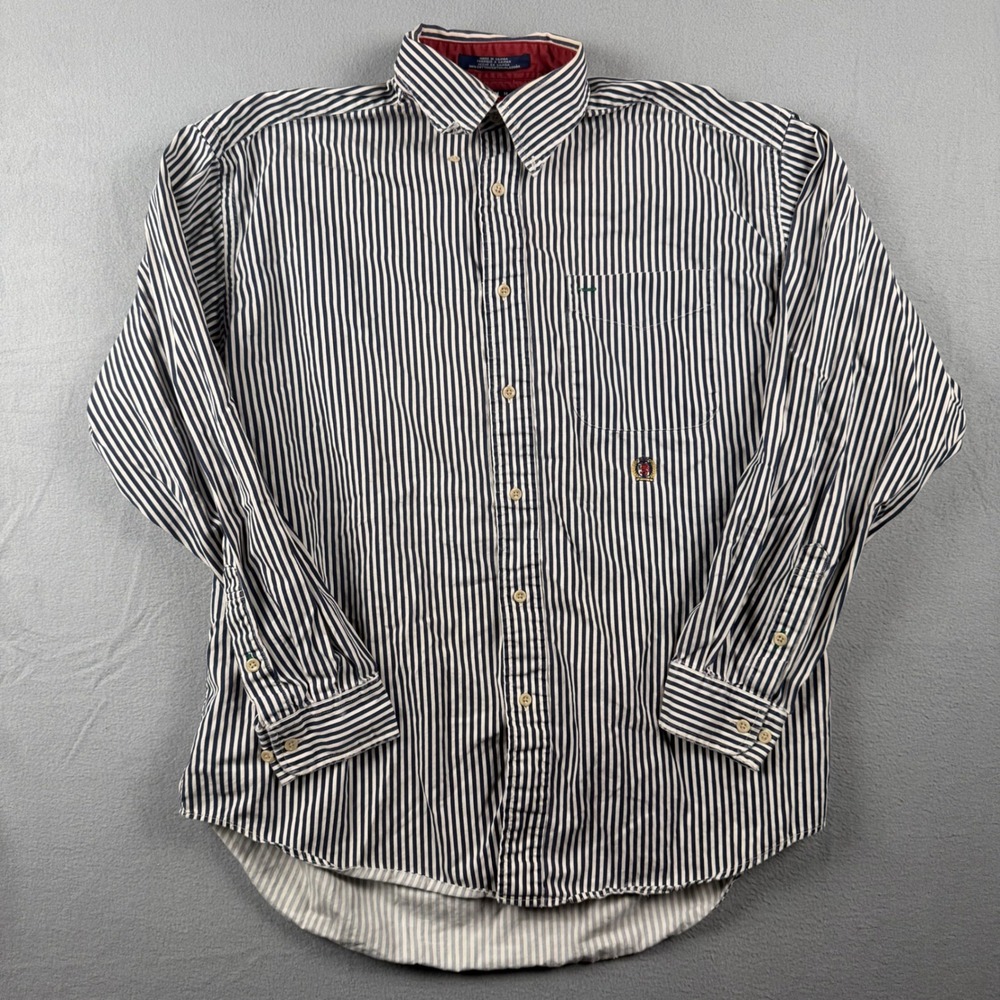 Vintage Tommy Hilfiger Mens M Striped Button Down Shirt Navy White Crest Logo